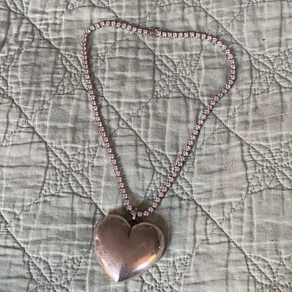 Sterling CZ Tennis Necklace w/ Huge Sterling Heart Pendant - Picture 10 of 17